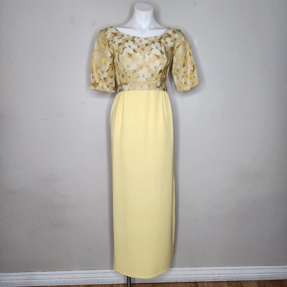 Stunning Vintage Yellow and Gold Brocade and Crepe Maxi Dress With Train - Picture 3 of 17